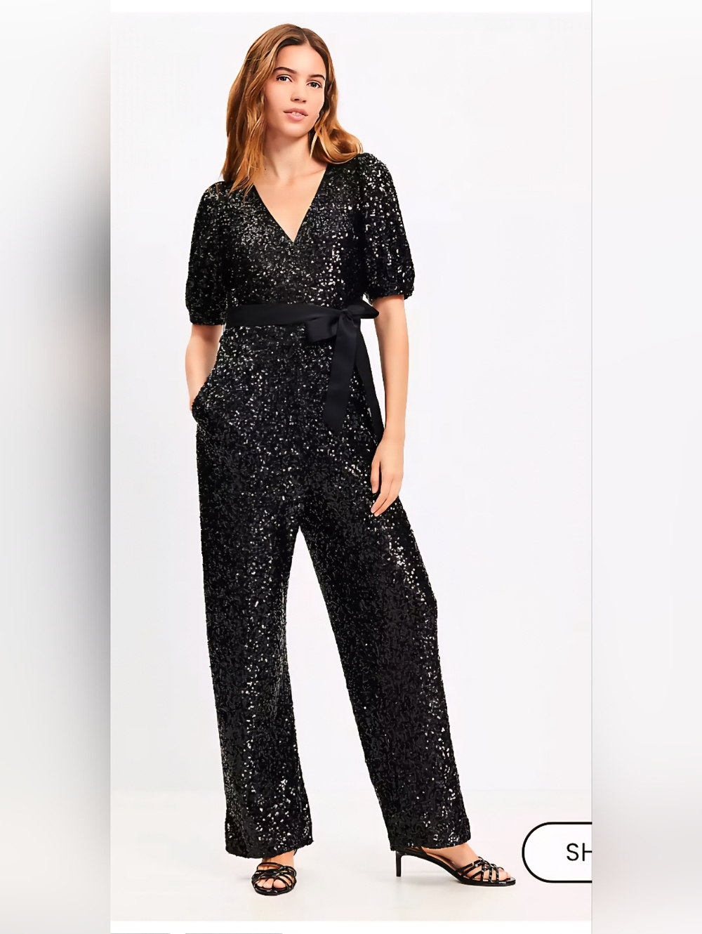NEW WITH TAG LOFT Ann TAYLOR Black Sequin Wrap Tie Waist Jumpsuit Size 14